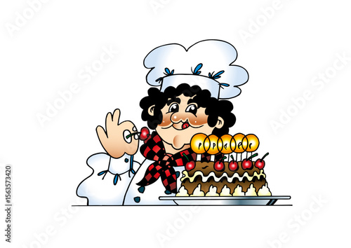 baker with delicious layer cake with candles in