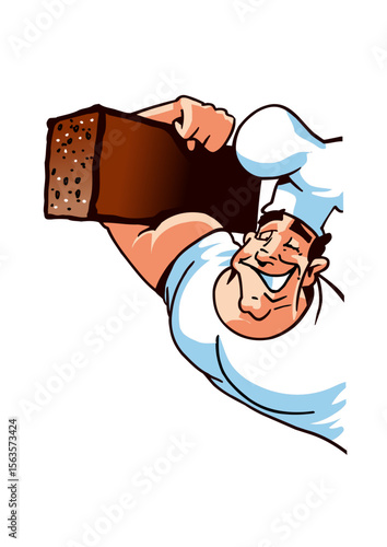 Strong baker carries a loaf of bread on his bulging upper arm
