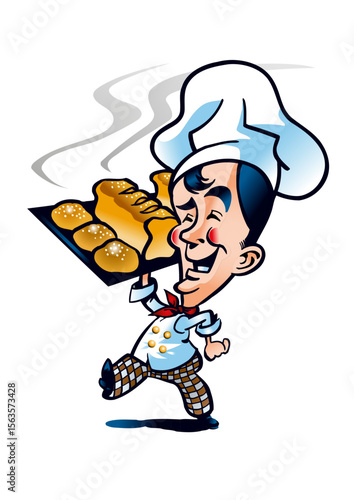 Happy baker carrying a baking tray of bread