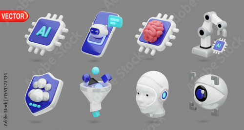 AI technology 3D realistic vector icons collection. Minimal design including AI chip, brain, chatbot, robotic arm, funnel, shield, head, and eye symbol
