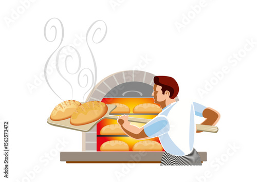 Baker takes hot bread out of a stone oven