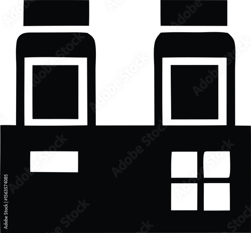 Stylized black and white icon representing two pill bottles in a holder with compartments