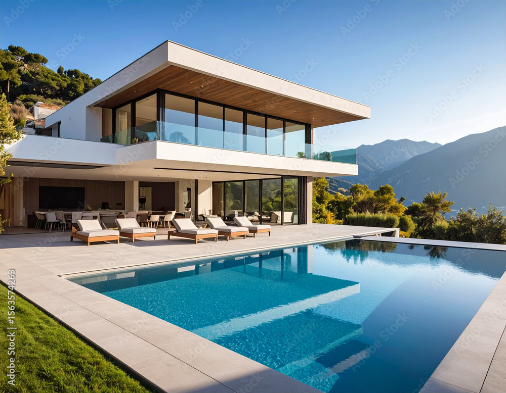Fototapeta premium Modern Luxury Villa with Pool, Mountain Views, and Sunny Outdoor Relaxation