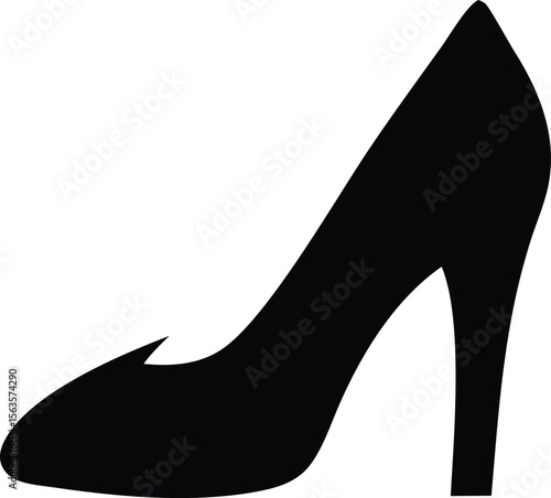 A sleek black silhouette of a classic high heeled pump shoe with a pointed toe and a slender stiletto heel on a white background