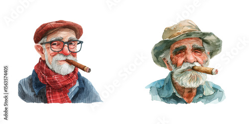 old man with cigar watercolor vector illustration