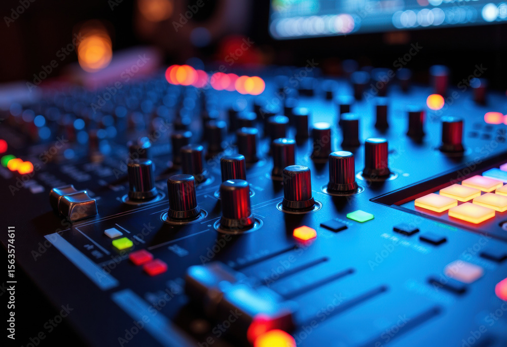 DJ mixing console with colorful illuminated controls and sliders in a nightclub or studio setting DJ mixing console with colorful illuminated controls and sliders in a nightclub or studio setting