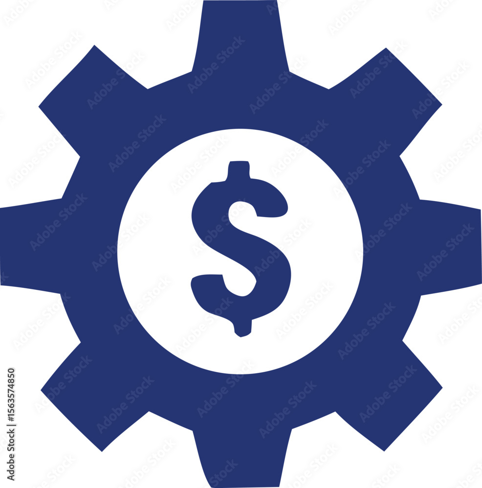 A stylized dark blue gear with a white circle containing a dollar sign in the center A stylized dark blue gear with a white circle containing a dollar sign in the center