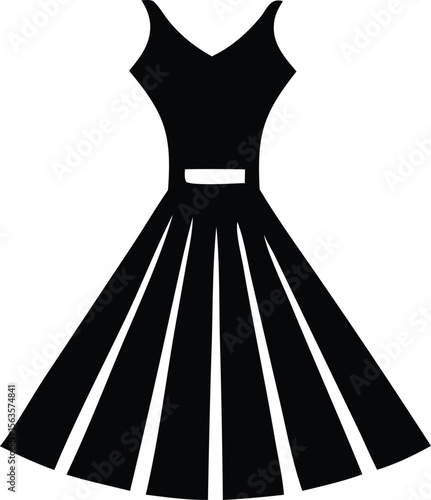 Elegant black silhouette of a sleeveless v neck dress with a cinched waist and a full pleated skirt on a white background