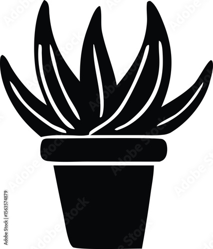 Stylized black silhouette of a potted succulent plant with broad pointed leaves on a white background