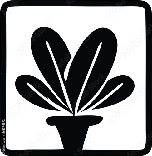 Stylized black silhouette of a potted plant with broad leaves inside a square frame