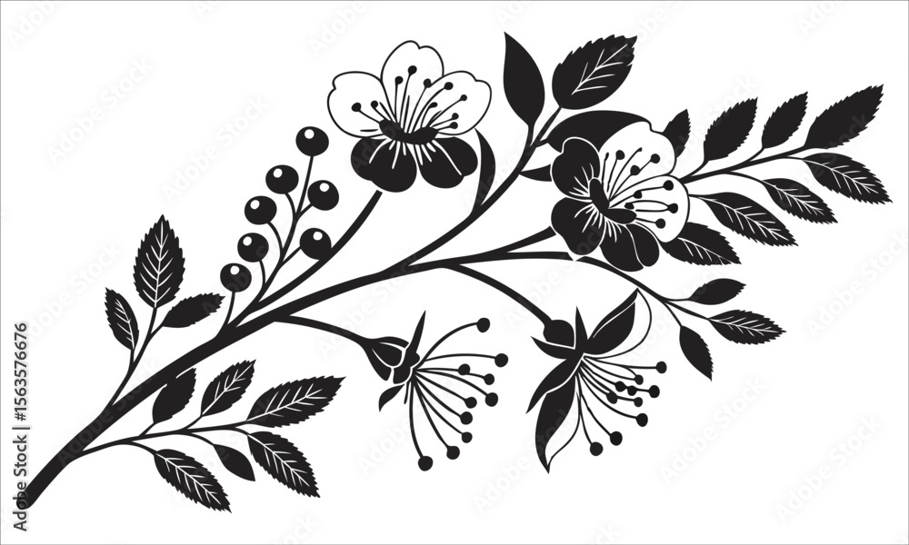 Fototapeta premium Black floral branch with leaves and berries black and white