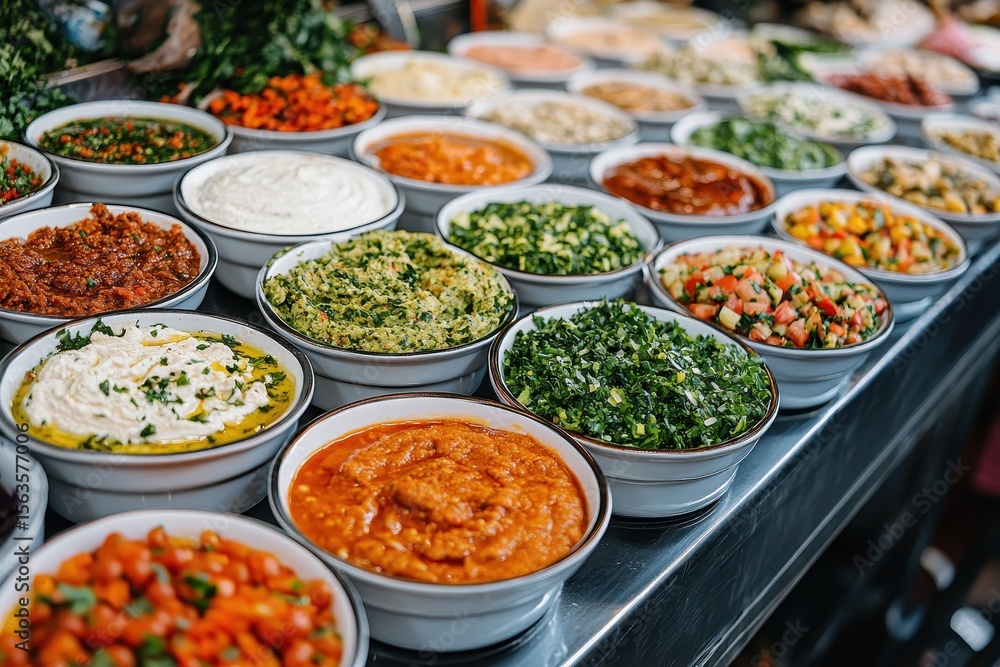 Colorful Bowls of Fresh Dips and Spreads at a Market Stall Colorful Bowls of Fresh Dips and Spreads at a Market Stall