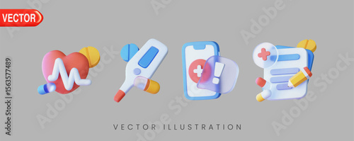 3D vector illustration of healthcare icons, including a heart rate monitor, thermometer, health app with notifications, pills, and a medical record, representing healthcare and wellness services.