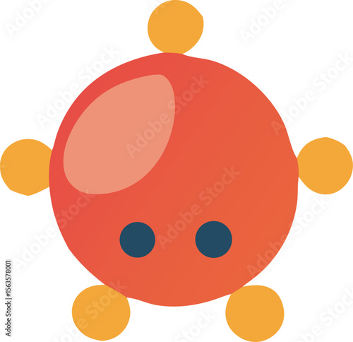 A playful abstract character with a large orange body two blue eyes and yellow circular appendages on a white background