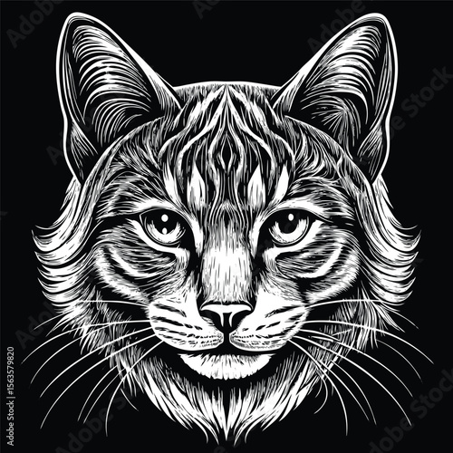 Detailed black and white line art illustration of a cat's head, showcasing intricate fur patterns and facial features