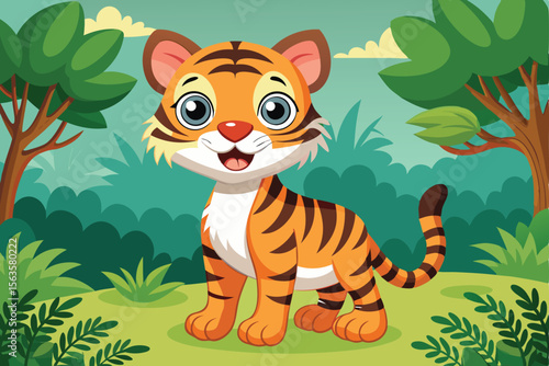 Cute Cartoon Tiger Cub in a Forest Landscape Illustration