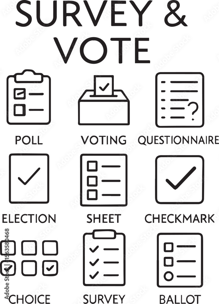 Survey and vote line icon set. Poll, voting, questionnaire, election sheet, checkmark, choice and more. Outline vector icon in linear style. Pictogram collection Survey and vote line icon set. Poll, voting, questionnaire, election sheet, checkmark, choice and more. Outline vector icon in linear style. Pictogram collection