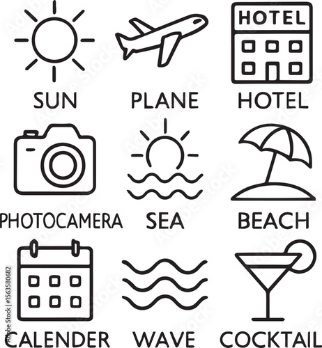  Summer and summer holidays. Travel and tourism. Vacation at the hotel, on the sea and on the beach. Outline icon collection. Conceptual pictogram