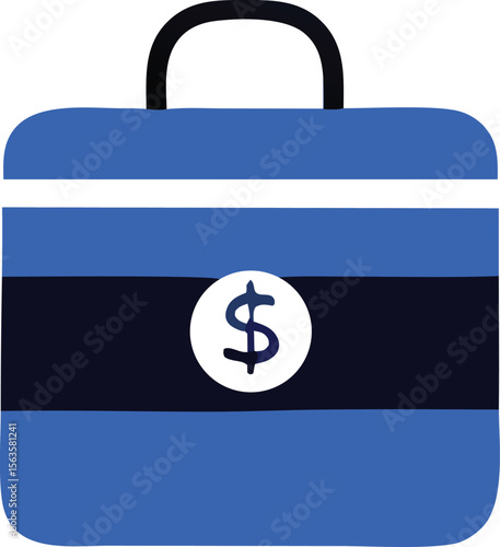 Stylized blue briefcase with a white circle containing a dark blue dollar sign emblem