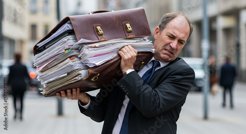 Overburdened businessman struggles under the weight of a briefcase overflowing with paperwork, his stressed expression reflecting the pressures of