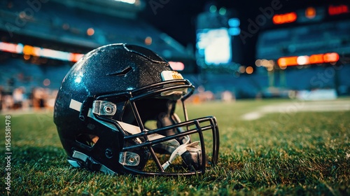 American football helmet lying on green field with cleat marks, ready for next play. Sports equipment, athletic competition, team spirit and determination in professional game.
