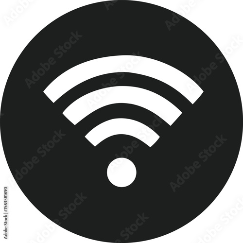 A minimalist black circle icon featuring a white wi fi signal symbol with three radiating waves and a central dot
