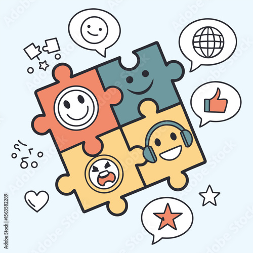 Four Colorful Puzzle Pieces with Emojis Global Icon and Feedback Symbols smiley happy