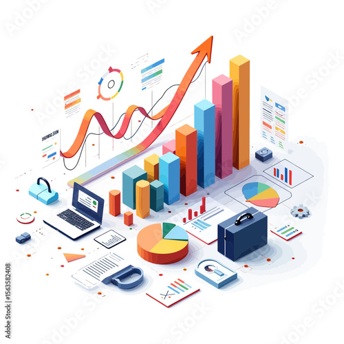 Isometric business data analysis vector illustration Colorful 3D infographic with charts laptop and graphs for finance or marketing report