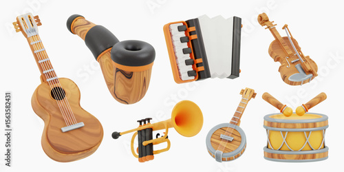 3D icons illustration set. 3d musical instruments concept. Wooden instruments pattern. Guitar, trumpet, accordion, violin, drum, and more rendered. Vector isolated cartoon illustration
