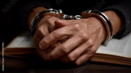 Handcuffed Hands Resting on Open Legal Book in Courtroom Context