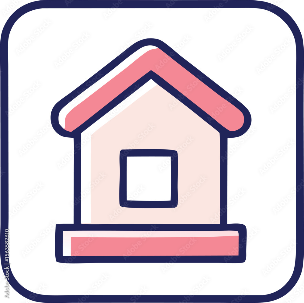 Simple stylized house icon with pink roof and square window on a white background Simple stylized house icon with pink roof and square window on a white background