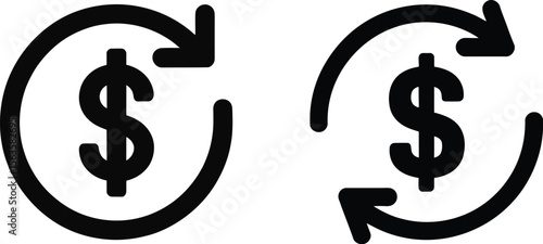 A black dollar sign with an arrow circling it on a white background in a simple graphic style
