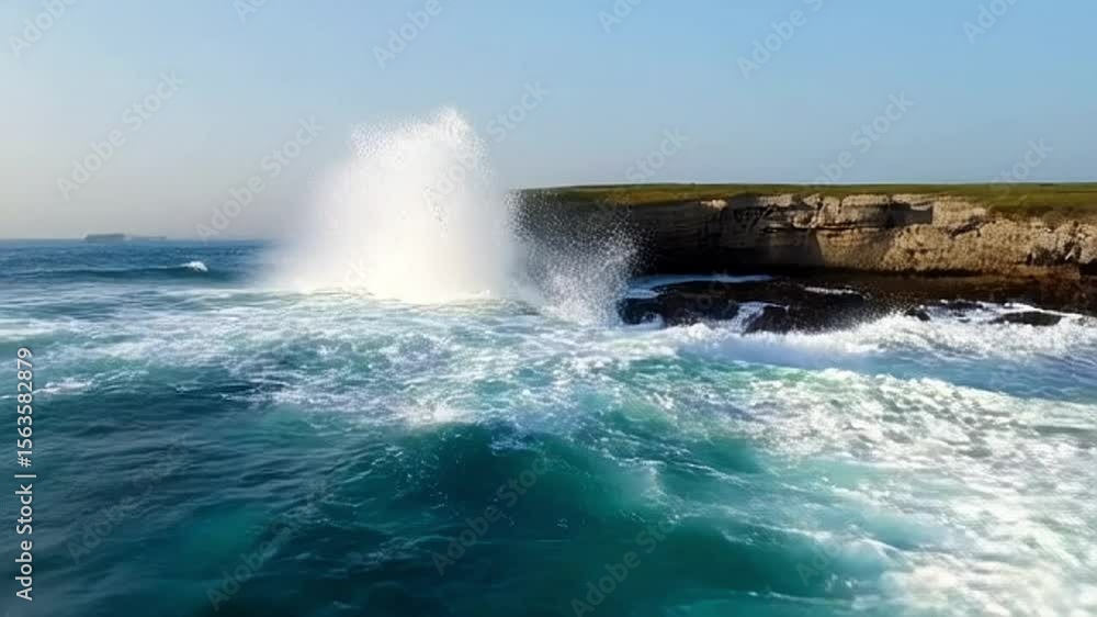 Waves Crashing Against Rocky Coastline During Bright Day with Turquoise Ocean and Clear Sky Waves Crashing Against Rocky Coastline During Bright Day with Turquoise Ocean and Clear Sky