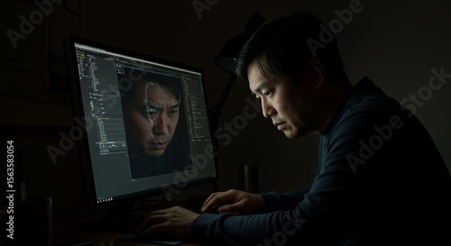 Focused programmer meticulously works late into the night, immersed in complex code on his computer screen, a digital face subtly reflected in the