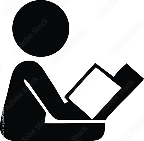 Simple black silhouette of a person sitting and reading an open book against a white background