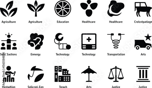 Collection of various black and white icons representing different sectors and industries displayed