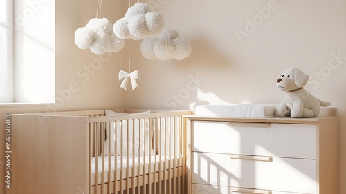 Soft nursery with crib changing table plush dog and cloud mobile image