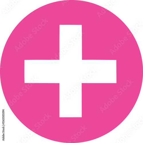 A bright pink circle featuring a stark white plus symbol in the center representing health and medical care