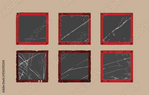 Six grunge red photo frames; distressed, dark gray, blank, vintage.