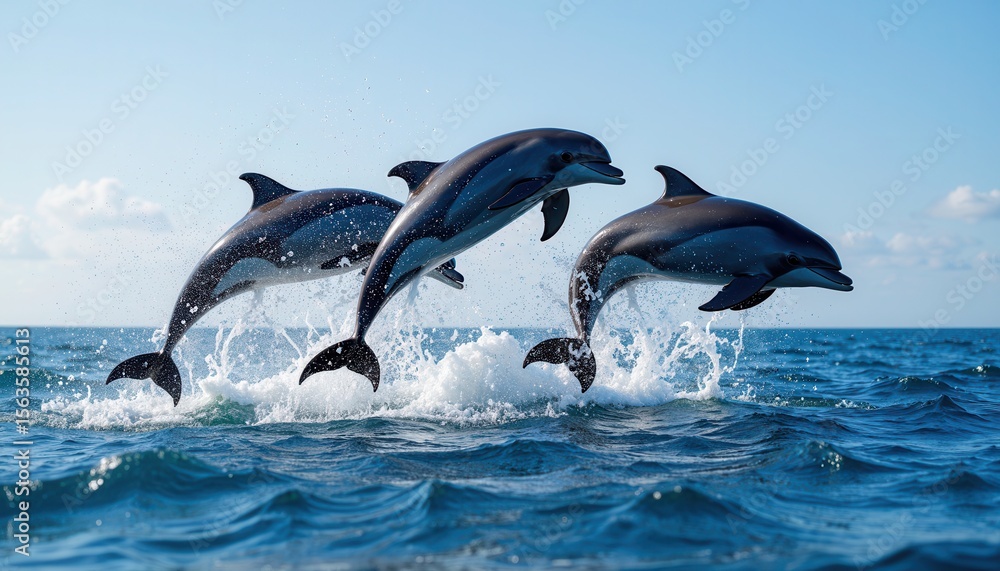 Fototapeta premium Three dolphins leaping joyfully ocean waves
