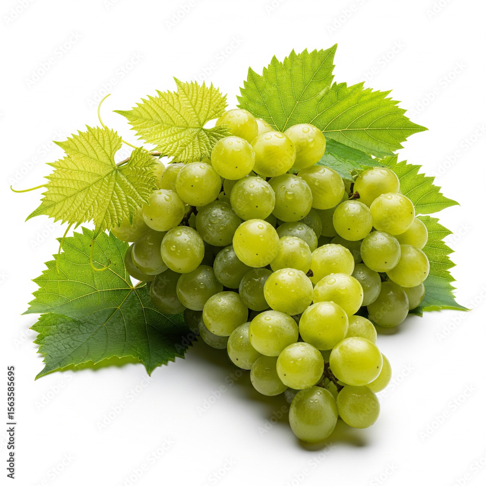 Obraz premium Green Grapes with Leaves Isolated on White