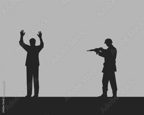 silhouette of a man with a gun illustration , an illustration of German soldier in WW2 pointed gun to civillian