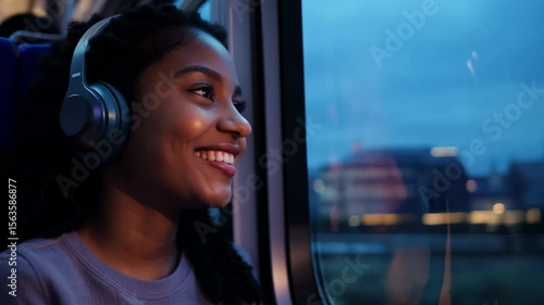 Young smiling African American woman with headphones watching city lights passing by from train. The young woman’s smile shines as the train glides through the city.