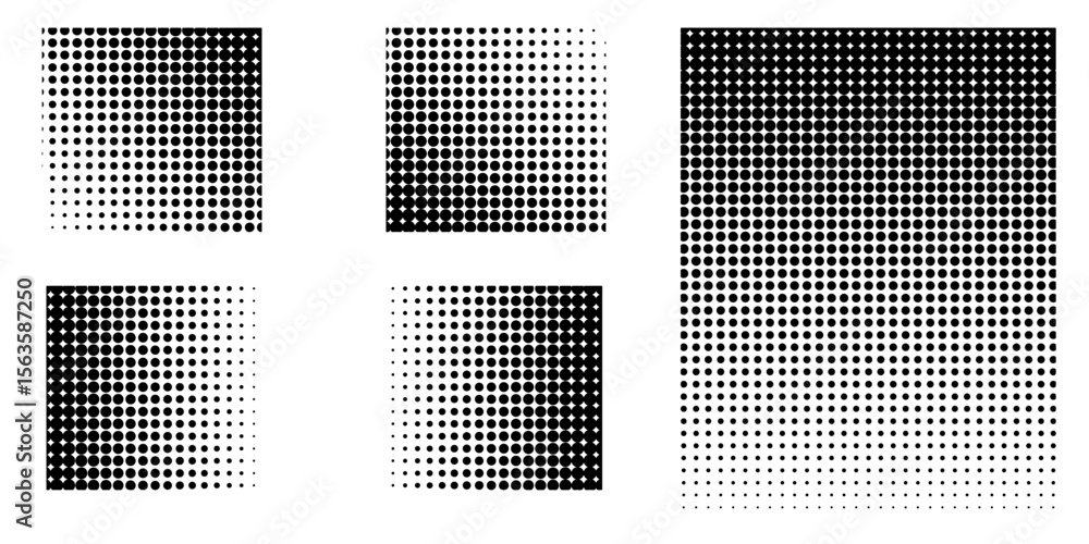 Set of halftone dots pattern texture isolated on white background. Dotted spots using halftone circle dot raster texture collection. Vector half tone collection.