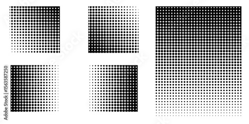 Set of halftone dots pattern texture isolated on white background. Dotted spots using halftone circle dot raster texture collection. Vector half tone collection.