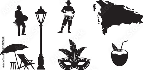 Brazil Carnival Icons with Map Umbrella Coconut Drink Mask Street Lamp and Drum Players for Rio Festivals