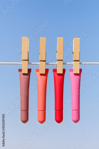 Colorful matte lip balm tubes hanging on clothesline with wooden clips, bright summer skincare or beauty product branding mockup on blue sky background, minimal and vibrant composition