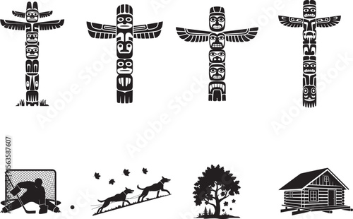 Canada Symbols of Totem Pole Hockey Cabin Maple Tree Dog Sled and Nature for Indigenous and National Pride