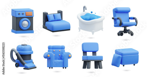 3D icons illustration set. Border of 3d furniture and household items. Washing machine, chair, vacuum, and bed, bathtub, armchair, and ottoman rendered. Vector isolated cartoon illustration
