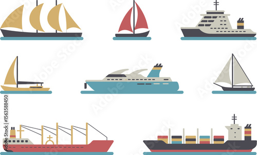 Illustration showing various types of ships and boats including sailboats and cargo ships on white